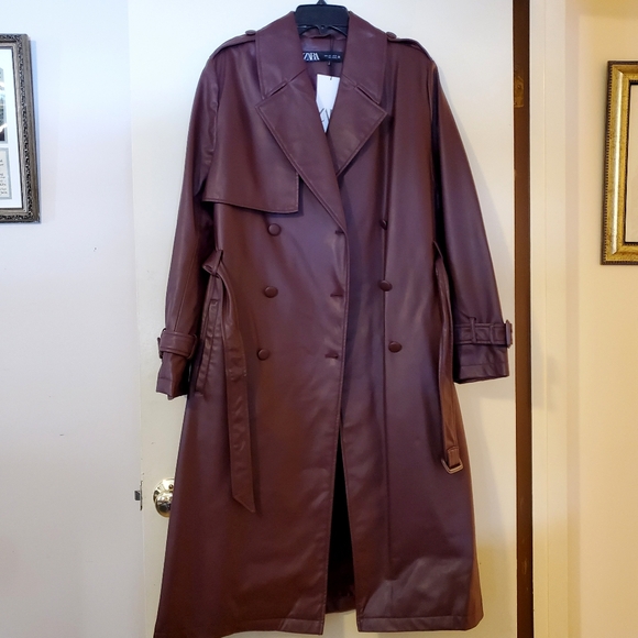 NWT ZARA Burgundy Faux Leather Trench Coat, Sz L - Picture 10 of 16